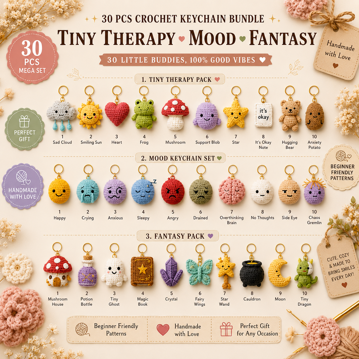 30 Luxury Crochet Keychains Pattern Book PDF – 30 Cute Amigurumi Keychain Crochet Patterns | Instant Digital Download with Step-by-Step Video Tutorial