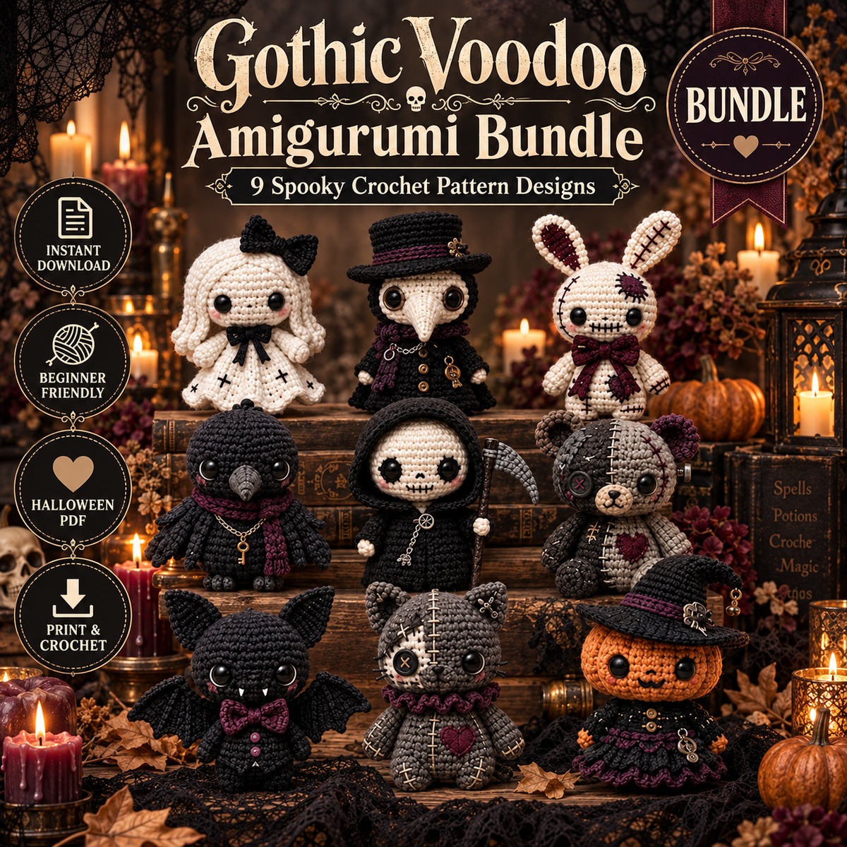 9-in-1 Gothic Voodoo Amigurumi Crochet Pattern Bundle PDF | Spooky Halloween Dolls | Grim Reaper Bat Cat Bunny & More | Digital Download