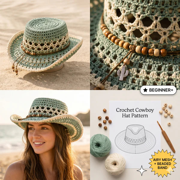 Crochet Cowboy Hat Pattern PDF, Beach Girl Summer Hat Crochet Pattern, Mesh Western Hat Tutorial, Boho Cowgirl Hat DIY, Festival Hat Pattern - Golden Wool