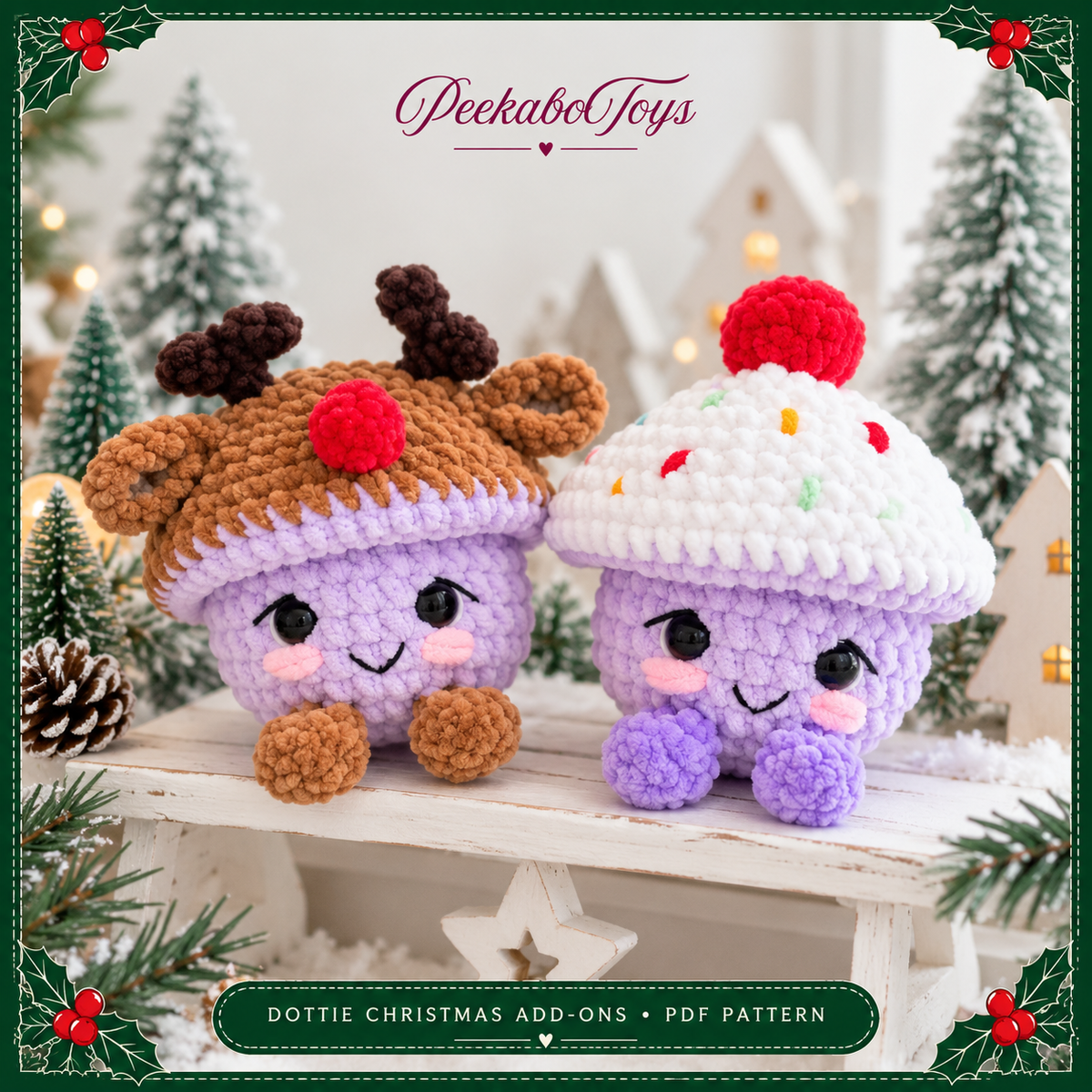 Dottie Christmas Crochet Add-On Pattern PDF, 6 Amigurumi Holiday Designs, Gingerbread, Reindeer, Cupcake, Snowflake, Candy Cane