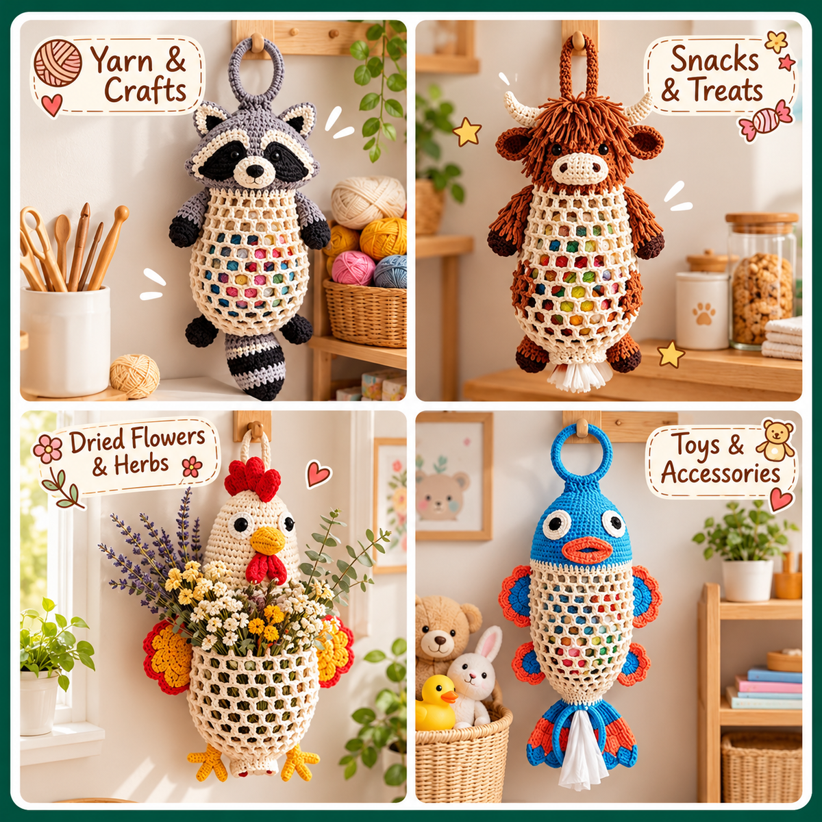 Animal Mesh Bag Holder Crochet Kit, Beginner DIY Crochet Kit, Highland Cow Fish Raccoon Chicken, Reusable Bag Organizer, Home Decor