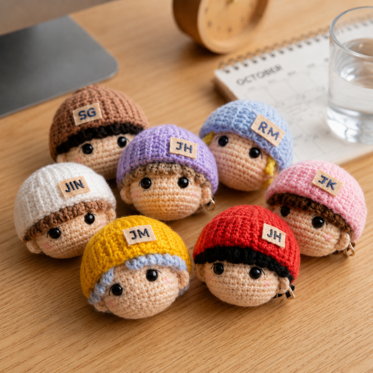 Golden Wool™ | Handmade K-Pop Inspired Crochet Doll Keychain Set, Cute Amigurumi Mini Plush Bag Charms, Fan-Made Member Doll Accessories, K-Pop Lover Gift