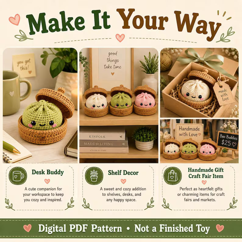 Dumpling & Steamer Crochet Pattern PDF, No Sew Bao Bun Plushie, Easy Beginner Amigurumi Food Tutorial - Golden Wool