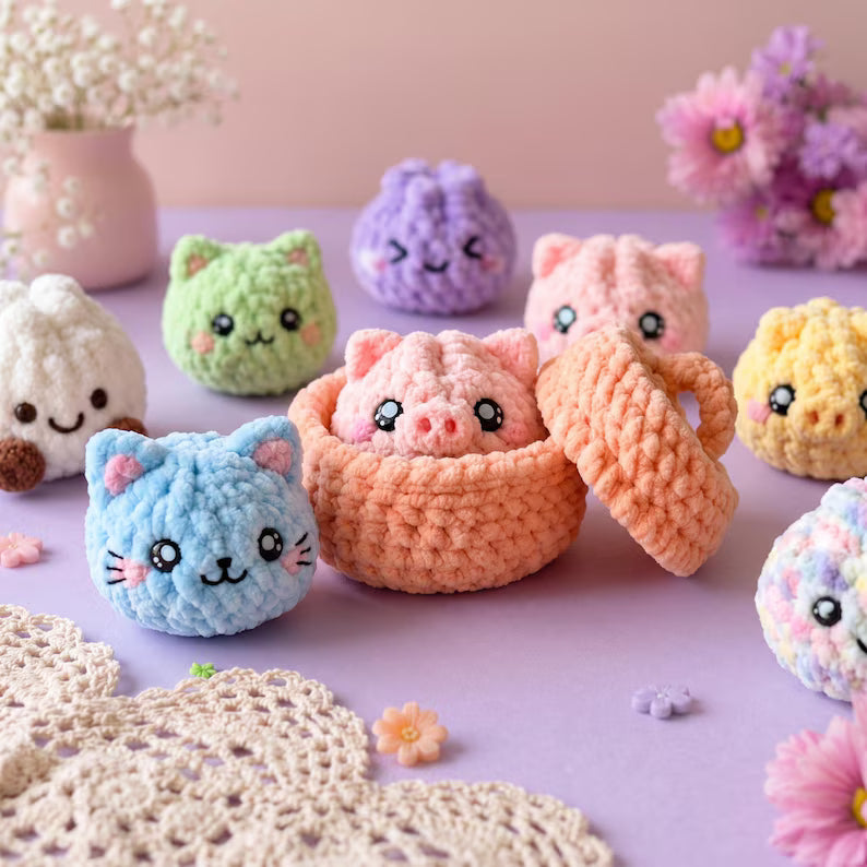 Animal Dumpling Amigurumi Crochet Pattern PDF – 6 Cute Mini Plushies & Gift Basket | Easy Digital Download with Step-by-Step Guide