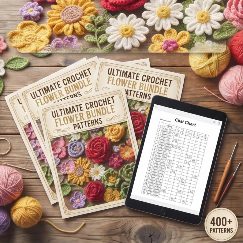 Golden Wool™ |400+ Crochet Flower Patterns Bundle | PDF Crochet Bouquet Collection | Roses, Tulips, Sunflowers & More | Step-by-Step Guide + Video Tutorial