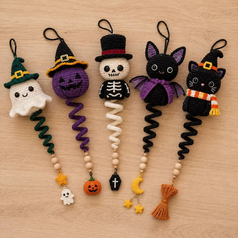 5 in 1 Halloween Spiral Ornament Crochet Pattern PDF | Ghost, Witch, Skeleton & Black Cat Amigurumi | Hanging Halloween Decor