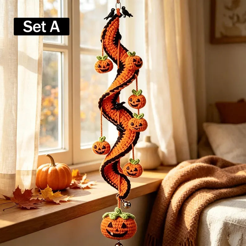 Halloween Crochet Spiral Wind Pattern – Ghost, Pumpkin, Cat & Bat Hanging Decor PDF