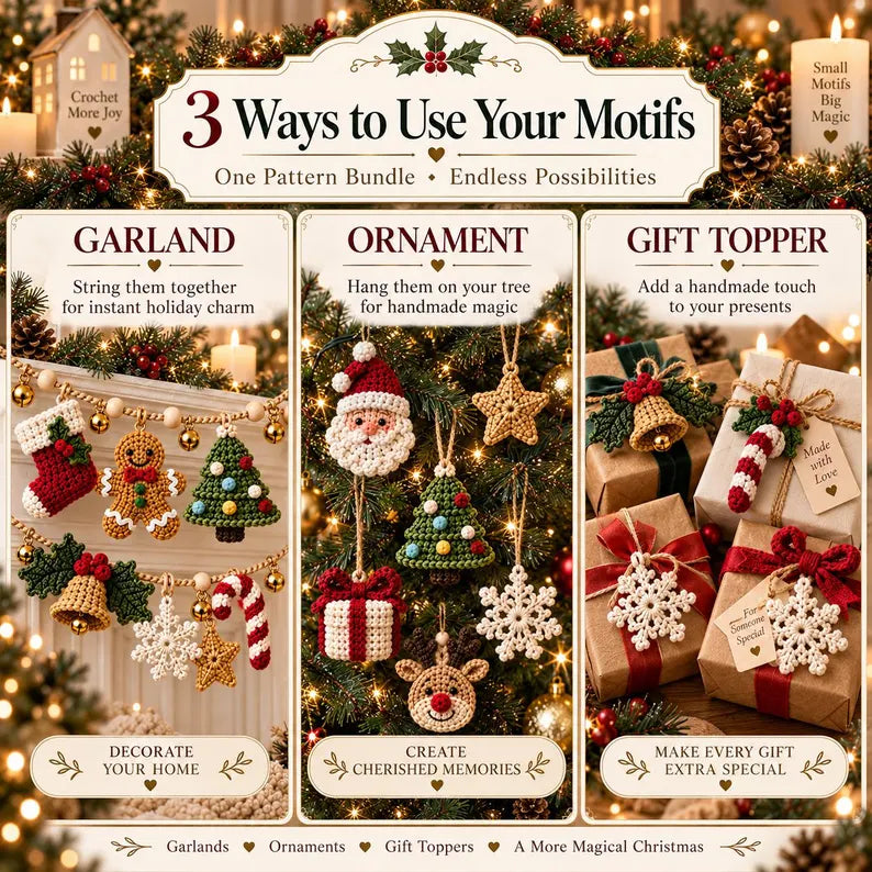 10-in-1 Christmas Crochet Garland Pattern Bundle PDF | 30+ Holiday Ornament Motifs | Santa, Reindeer, Snowman & Christmas Decor