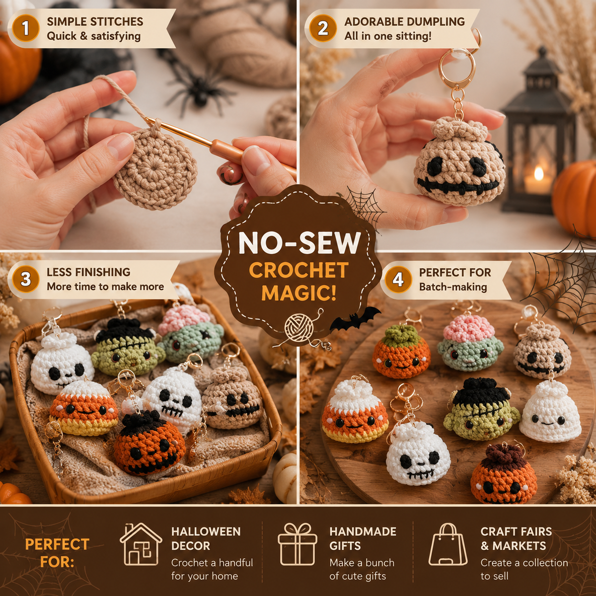 8-in-1 Halloween Dumpling & Steamer Crochet Pattern PDF – Cute No-Sew Mini Amigurumi | Zombie, Ghost, Pumpkin & More | Beginner PDF Pattern