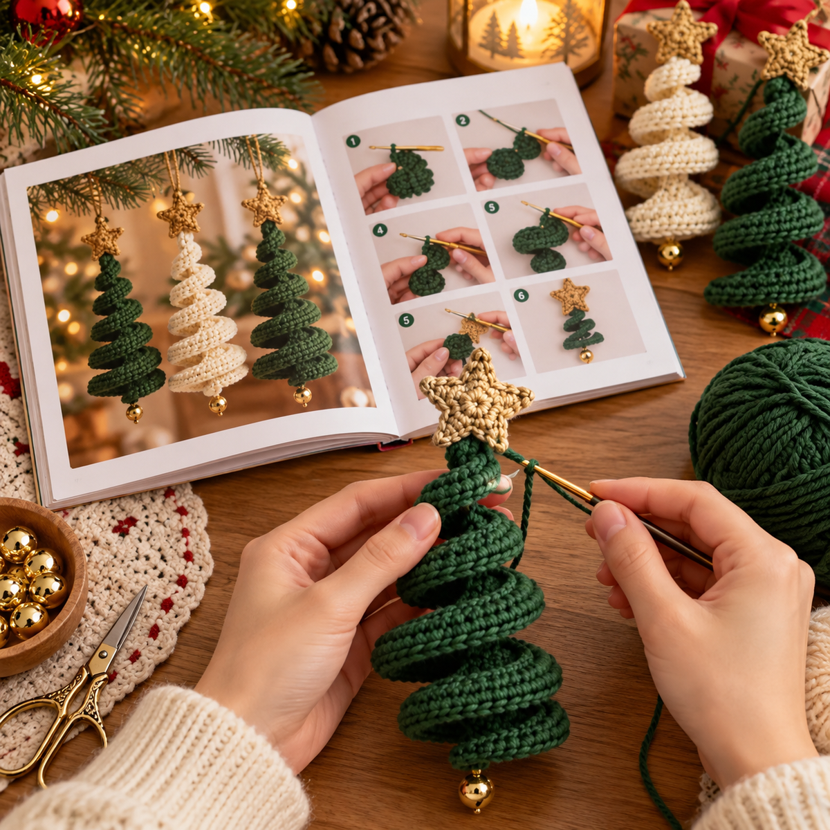 Christmas Crochet Pattern Book – Printed 8" x 8" Glossy Softcover – Snowmen, Santa, Elves, Christmas Trees, Baubles & Pinecone Ornaments