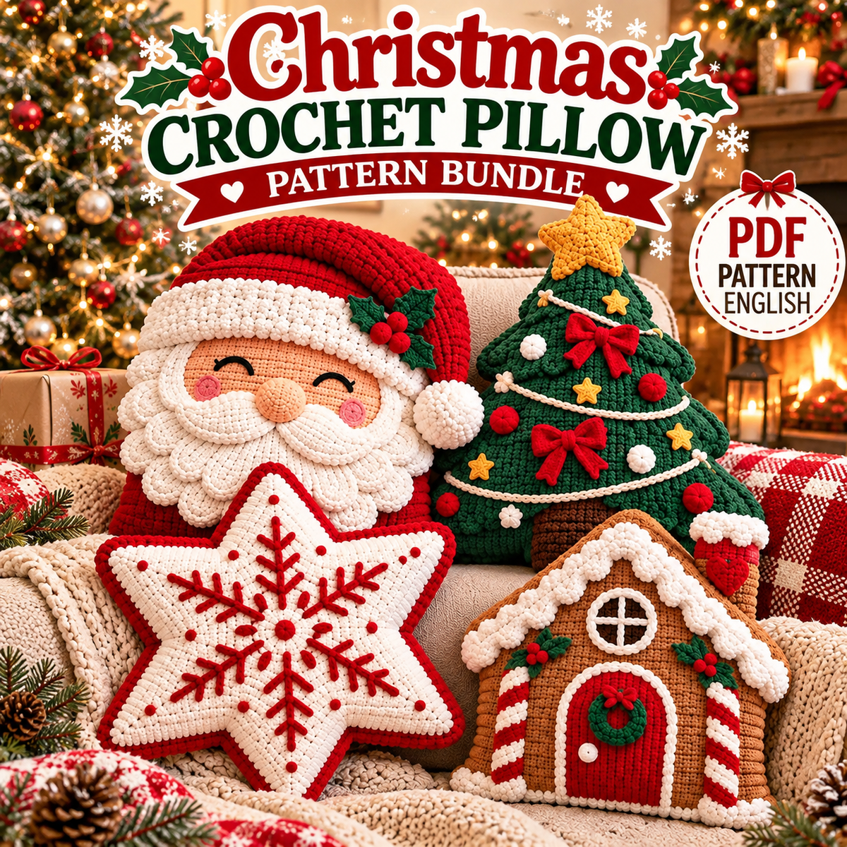 Christmas Crochet Pillow Pattern Bundle – Santa, Tree, Snowflake & Gingerbread House PDF