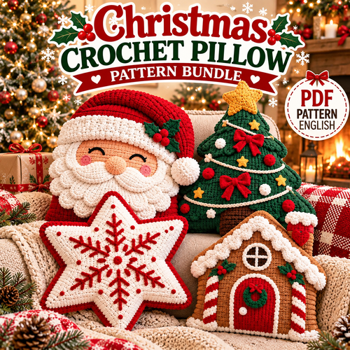 Christmas Crochet Pillow Pattern Bundle – Santa, Tree, Snowflake & Gingerbread House PDF