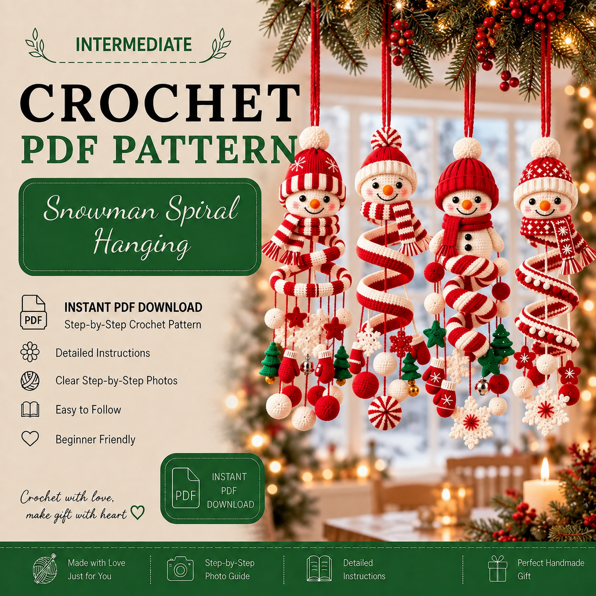 Snowman Spiral Hanging Crochet Pattern PDF | Christmas Snowman Ornament | Winter Amigurumi Mobile | Holiday Crochet Decor | Digital Download