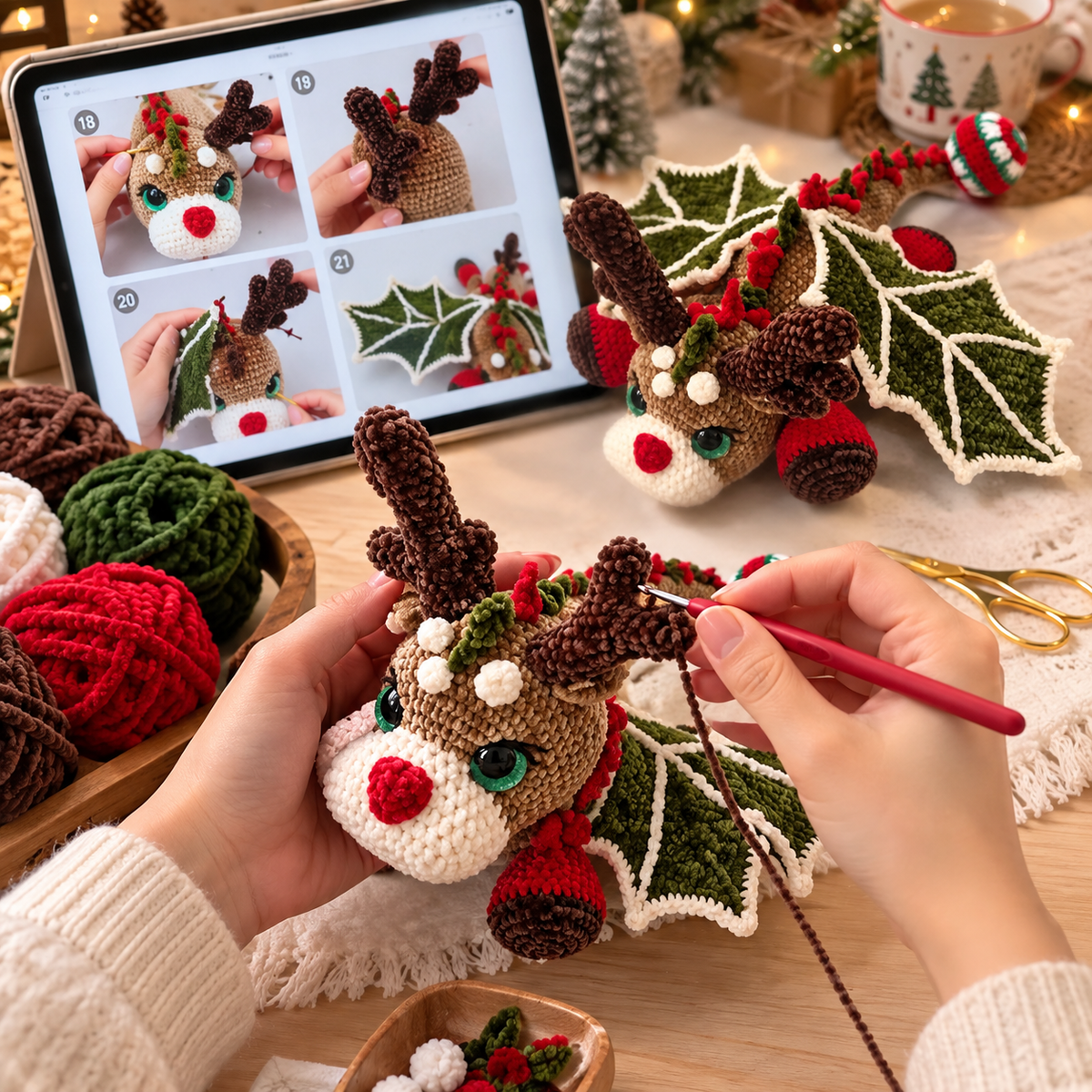 Christmas Reindeer Dragon Crochet Pattern – Holiday Dragon Amigurumi PDF