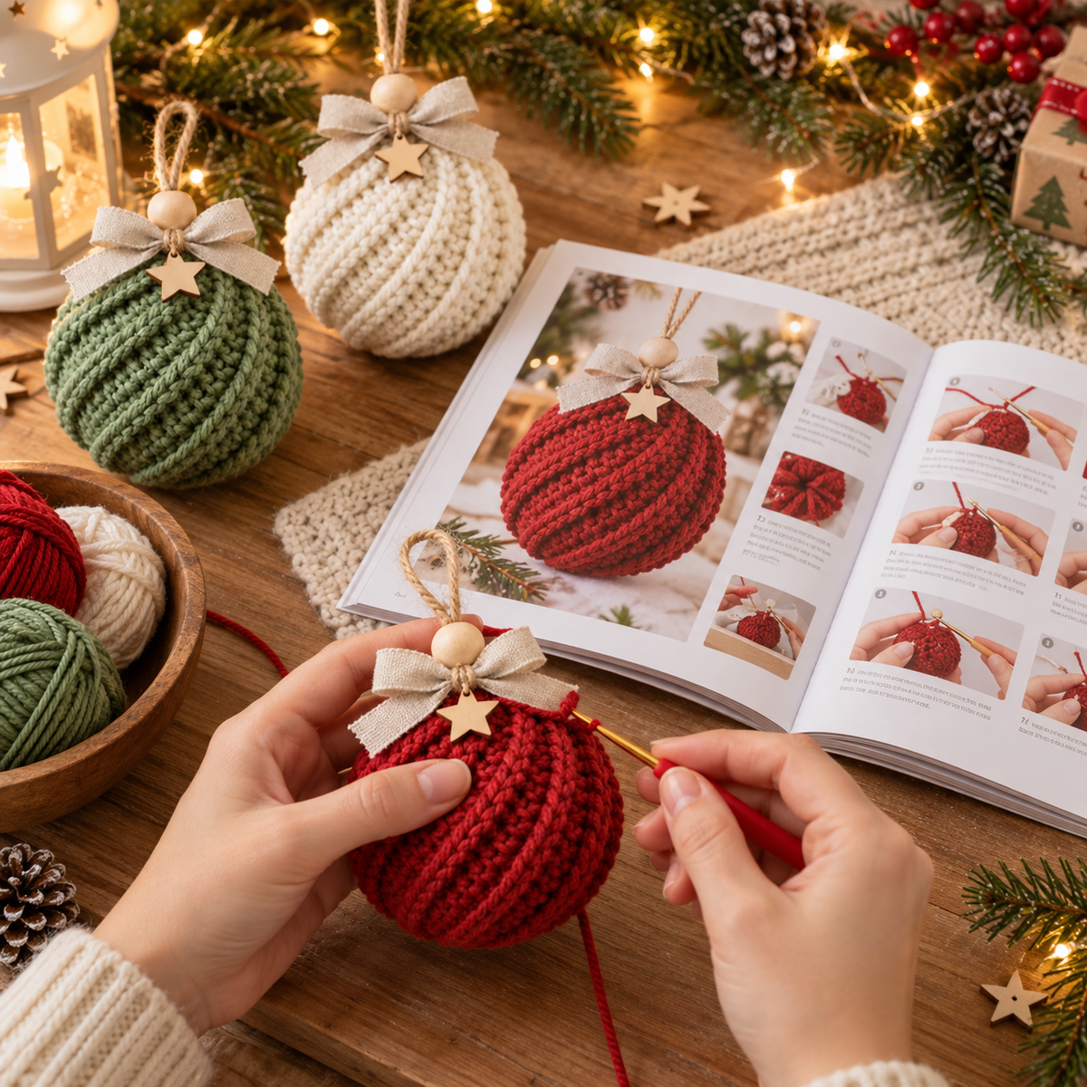 Christmas Crochet Pattern Book – Printed 8" x 8" Glossy Softcover – Snowmen, Santa, Elves, Christmas Trees, Baubles & Pinecone Ornaments