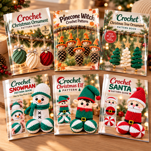 Christmas Crochet Pattern Book – Printed 8" x 8" Glossy Softcover – Snowmen, Santa, Elves, Christmas Trees, Baubles & Pinecone Ornaments