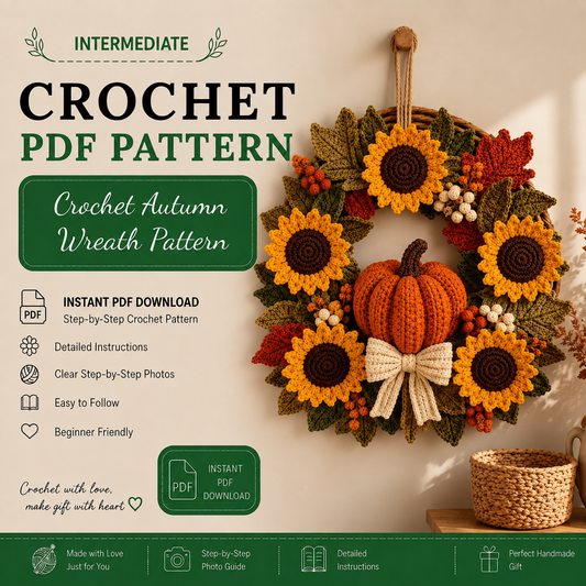Crochet Autumn Wreath Pattern PDF | Pumpkin & Sunflower Fall Wreath | Thanksgiving Door Decor | Farmhouse Crochet Home Decoration | Digital Download