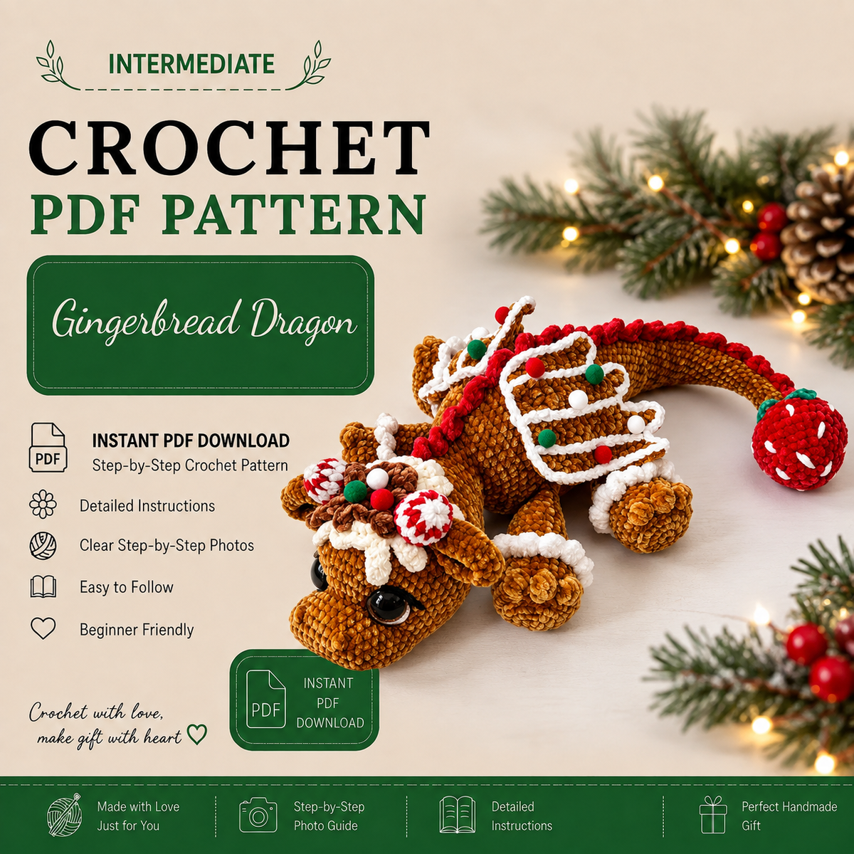 Gingerbread Dragon Crochet Pattern PDF | Christmas Dragon Amigurumi Plush Pattern | Holiday Crochet Decor & Handmade Gift | Instant Download