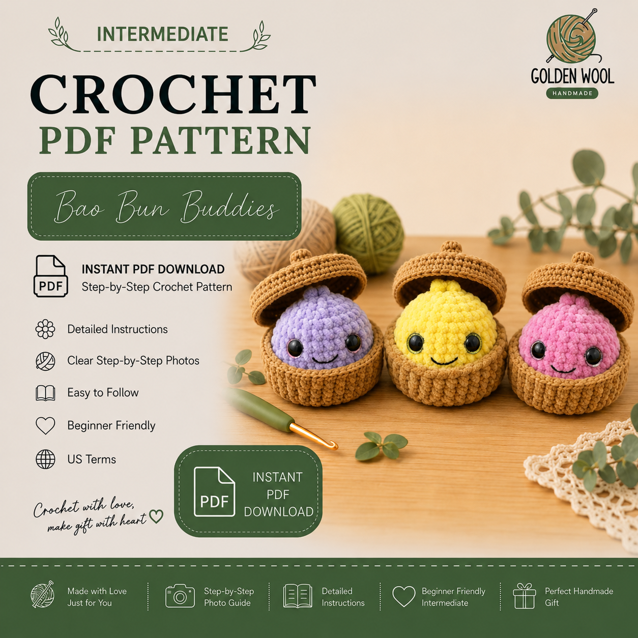 Dumpling Crochet Pattern PDF | No-Sew Kawaii Amigurumi Plush | Beginner Digital Download with Step-by-Step Video Tutorial