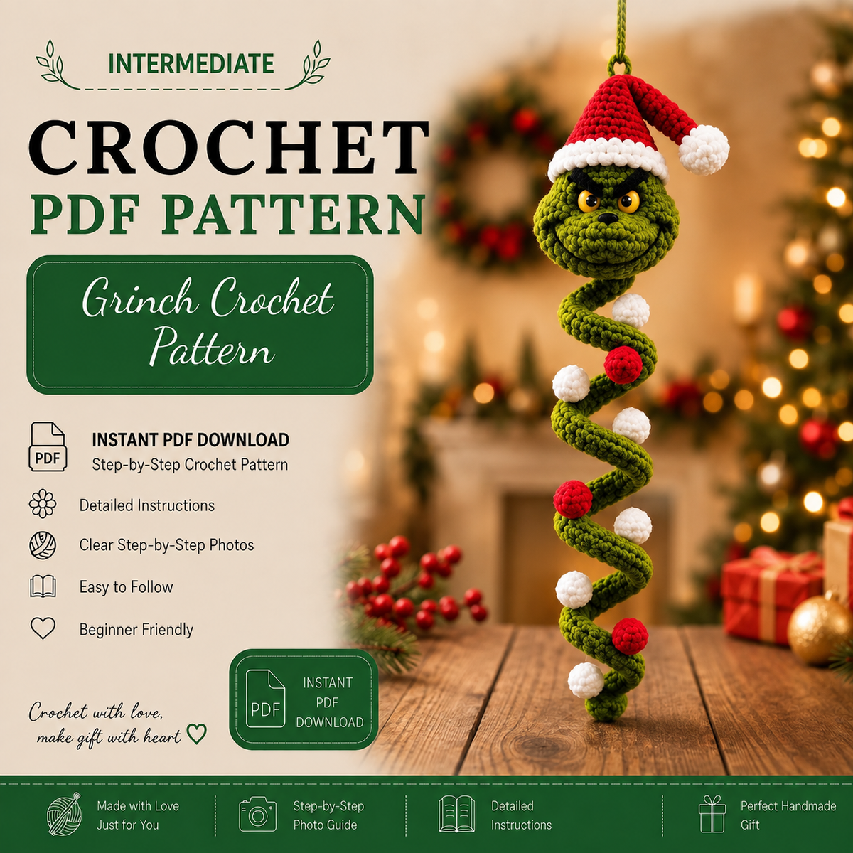 Grinch Crochet Pattern PDF | Christmas Spiral Hanging Ornament | Grinch Amigurumi Holiday Decoration | Instant Download