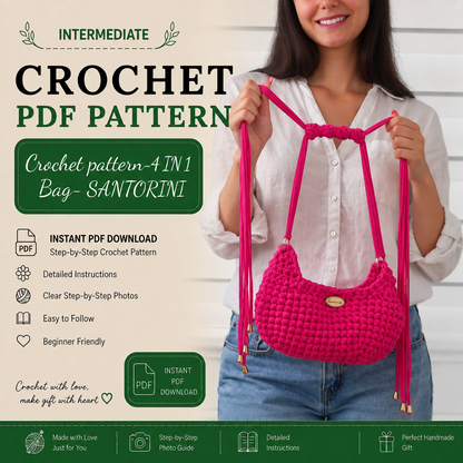 4-in-1 Santorini Crochet Bag Pattern PDF | Chunky Shoulder Bag & Crossbody Purse Pattern | T-Shirt Yarn Handbag | Instant Download