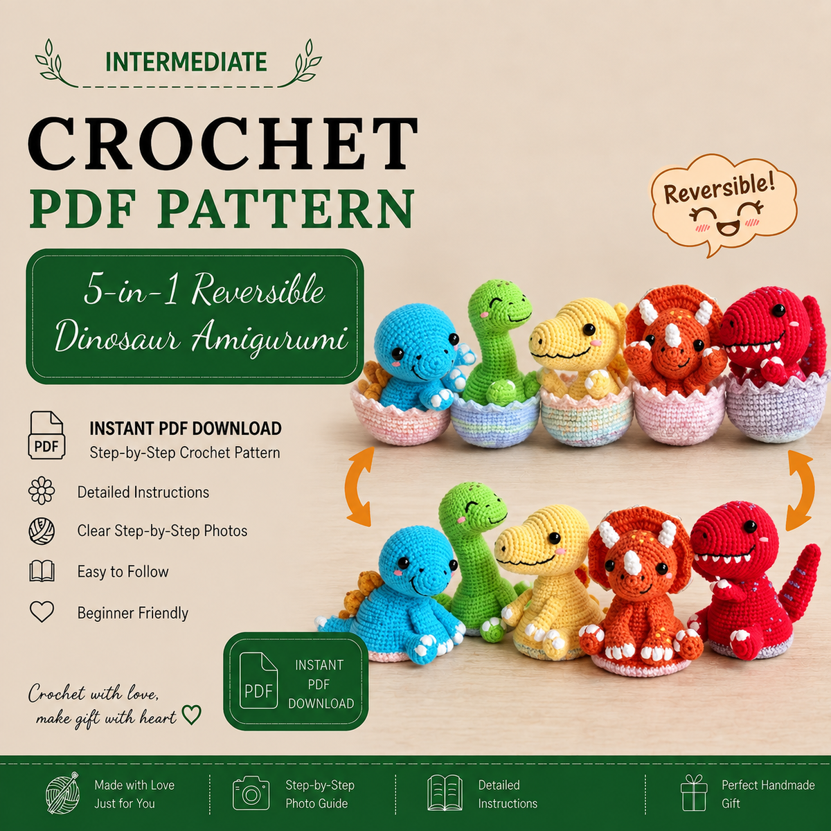 5-in-1 Reversible Dinosaur Crochet Pattern PDF | T-Rex Triceratops Brachiosaurus Amigurumi | Hatching Egg Dino Plush | Digital Download