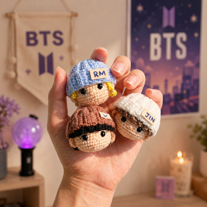 Golden Wool™ | Handmade K-Pop Inspired Crochet Doll Keychain Set, Cute Amigurumi Mini Plush Bag Charms, Fan-Made Member Doll Accessories, K-Pop Lover Gift