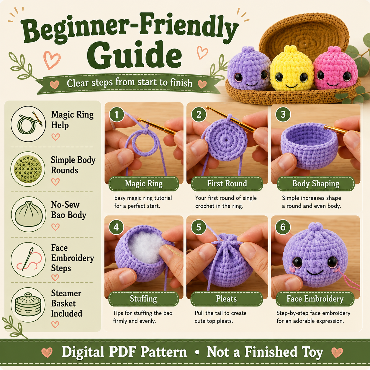 Dumpling Crochet Pattern PDF | No-Sew Kawaii Amigurumi Plush | Beginner Digital Download with Step-by-Step Video Tutorial