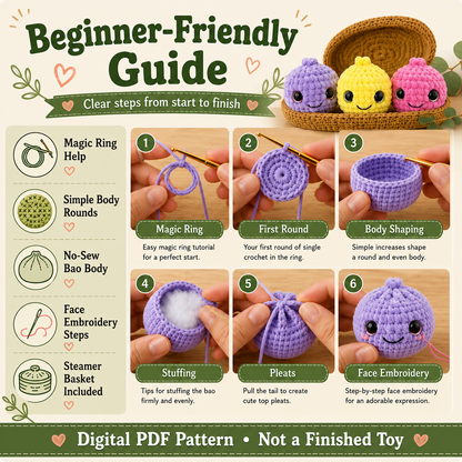 Dumpling Crochet Pattern PDF | No-Sew Kawaii Amigurumi Plush | Beginner Digital Download with Step-by-Step Video Tutorial