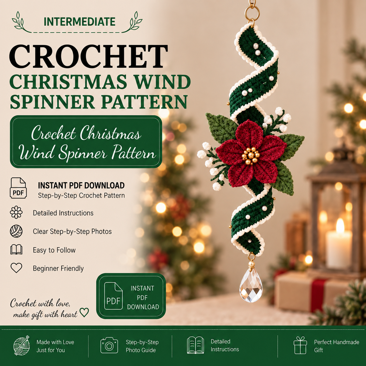 Crochet Christmas Wind Spinner Pattern | Poinsettia Hanging Ornament | Spiral Christmas Decor | Crochet PDF | Instant Download