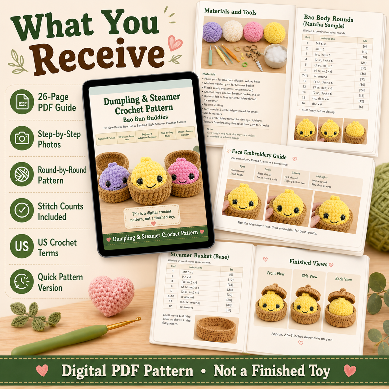 Dumpling Crochet Pattern PDF | No-Sew Kawaii Amigurumi Plush | Beginner Digital Download with Step-by-Step Video Tutorial