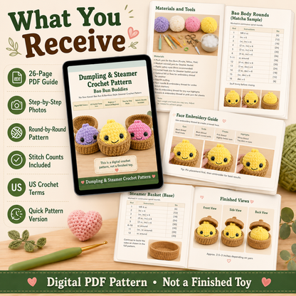 Dumpling Crochet Pattern PDF | No-Sew Kawaii Amigurumi Plush | Beginner Digital Download with Step-by-Step Video Tutorial