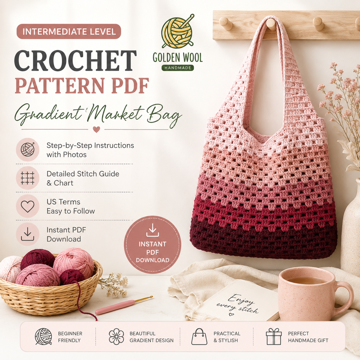 Granny Stitch Tote Bag Crochet Pattern PDF | Ombre Market Bag Tutorial | Beginner Crochet Bag Pattern | Instant Digital Download