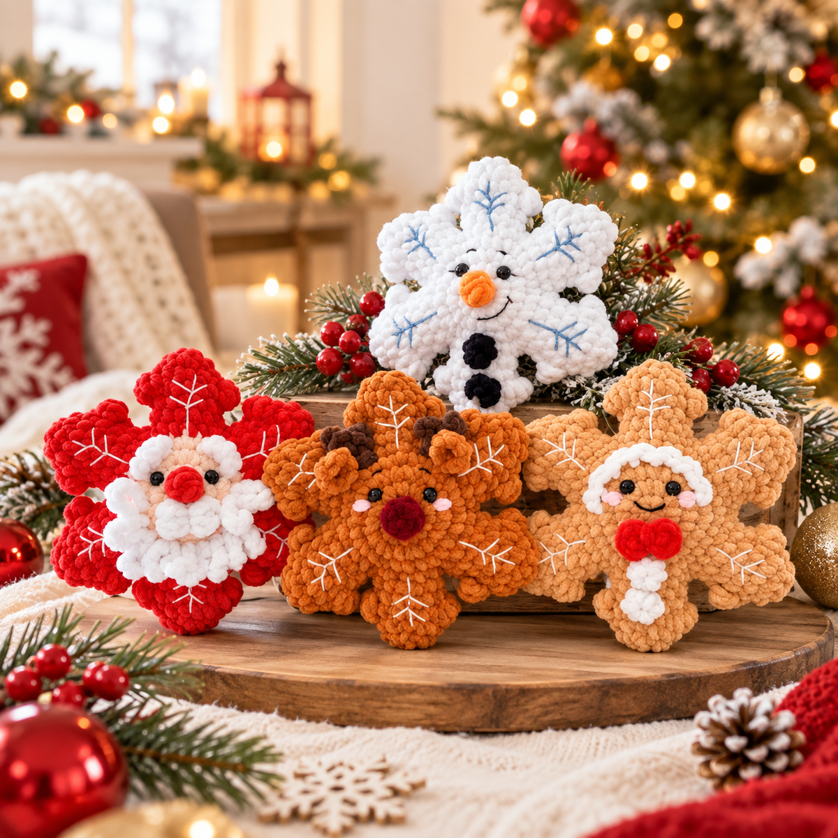 No Sew Crochet Snowflake Pattern | 4 Christmas Snowflake Ornaments | Santa Reindeer Snowman Gingerbread | PDF Pattern