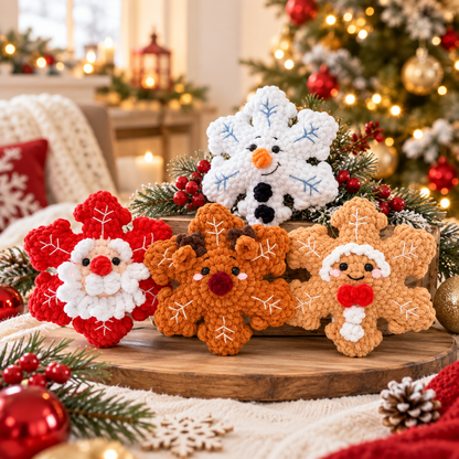 No Sew Crochet Snowflake Pattern | 4 Christmas Snowflake Ornaments | Santa Reindeer Snowman Gingerbread | PDF Pattern