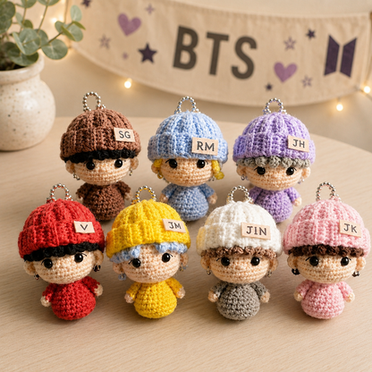 Golden Wool™ | Handmade K-Pop Inspired Crochet Doll Keychain Set, Cute Amigurumi Mini Plush Bag Charms, Fan-Made Member Doll Accessories, K-Pop Lover Gift