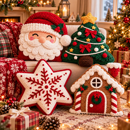 Christmas Crochet Pillow Pattern Bundle – Santa, Tree, Snowflake & Gingerbread House PDF