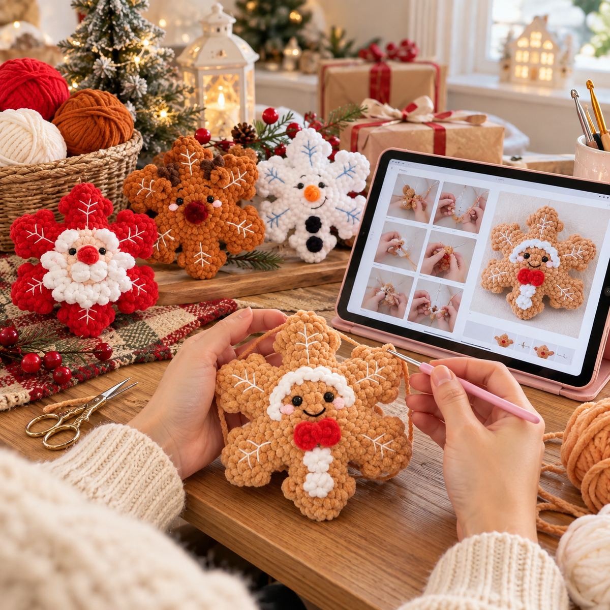 No Sew Crochet Snowflake Pattern | 4 Christmas Snowflake Ornaments | Santa Reindeer Snowman Gingerbread | PDF Pattern