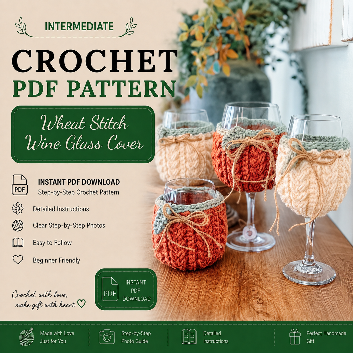 Wheat Stitch Wine Glass Cozy Crochet Pattern PDF | Pumpkin Glass Cover, Fall Table Decor | 4 Sizes + Video Tutorial | Instant Download