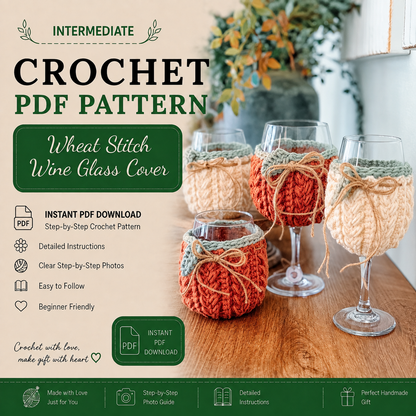 Wheat Stitch Wine Glass Cozy Crochet Pattern PDF | Pumpkin Glass Cover, Fall Table Decor | 4 Sizes + Video Tutorial | Instant Download
