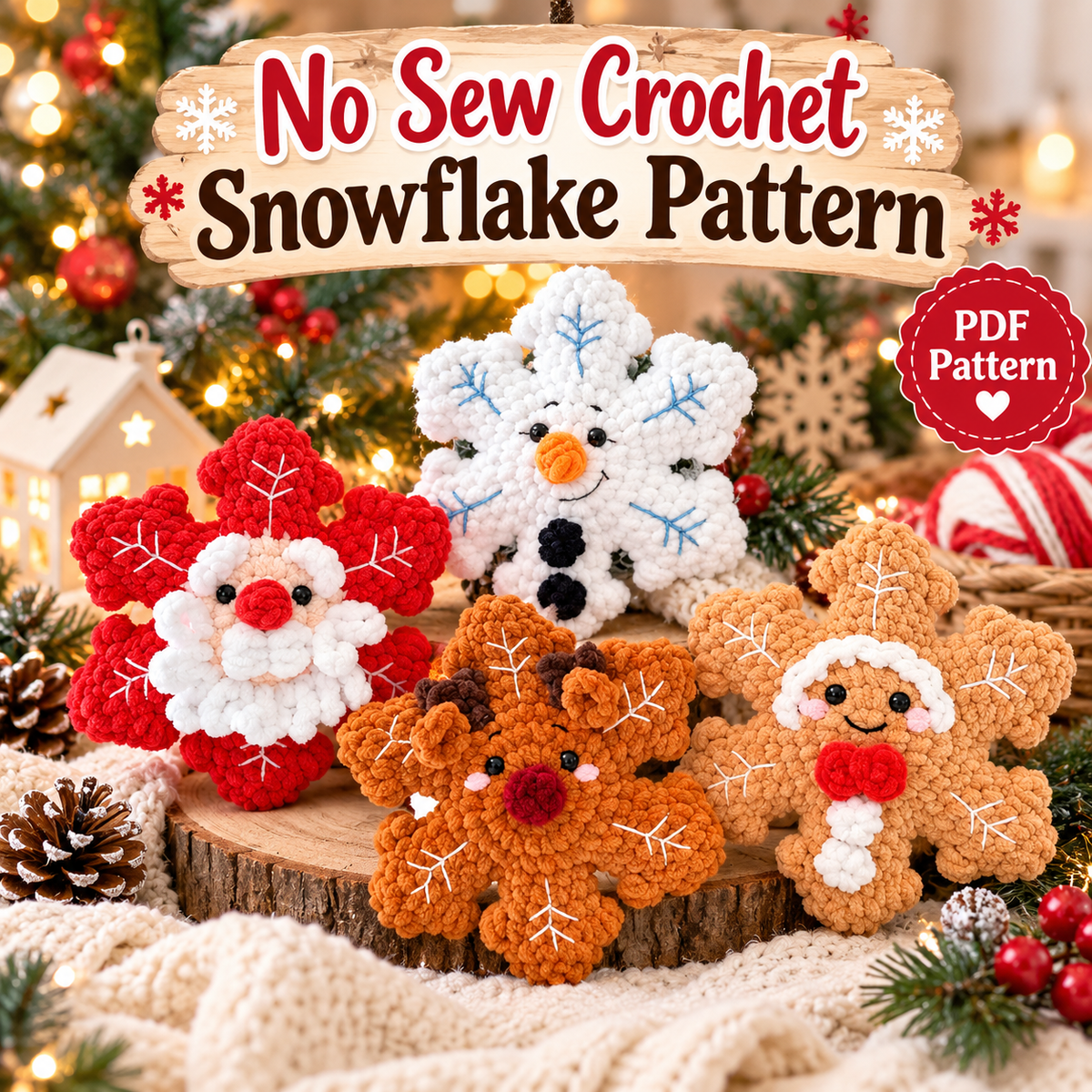 No Sew Crochet Snowflake Pattern | 4 Christmas Snowflake Ornaments | Santa Reindeer Snowman Gingerbread | PDF Pattern