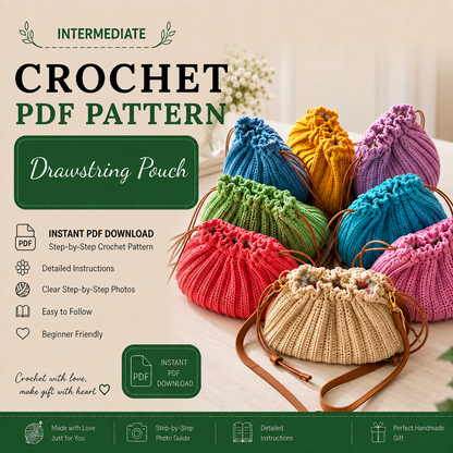 Crochet Drawstring Pouch Bag Pattern PDF | Lined Crochet Purse + Video Tutorial | Optional Crossbody Bag | Beginner Friendly Digital Download