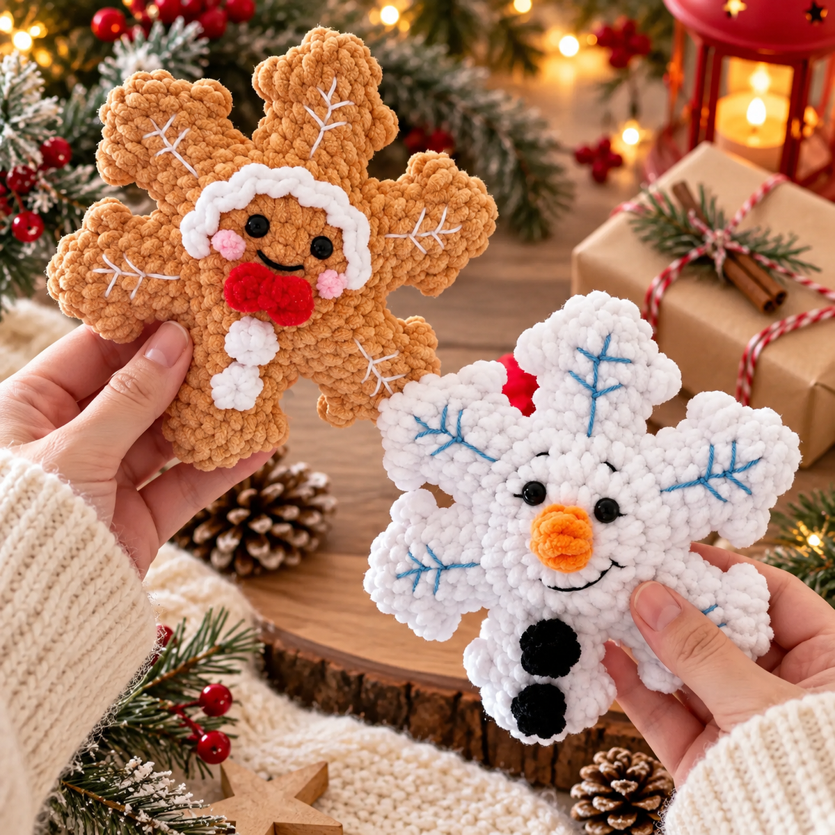 No Sew Crochet Snowflake Pattern | 4 Christmas Snowflake Ornaments | Santa Reindeer Snowman Gingerbread | PDF Pattern