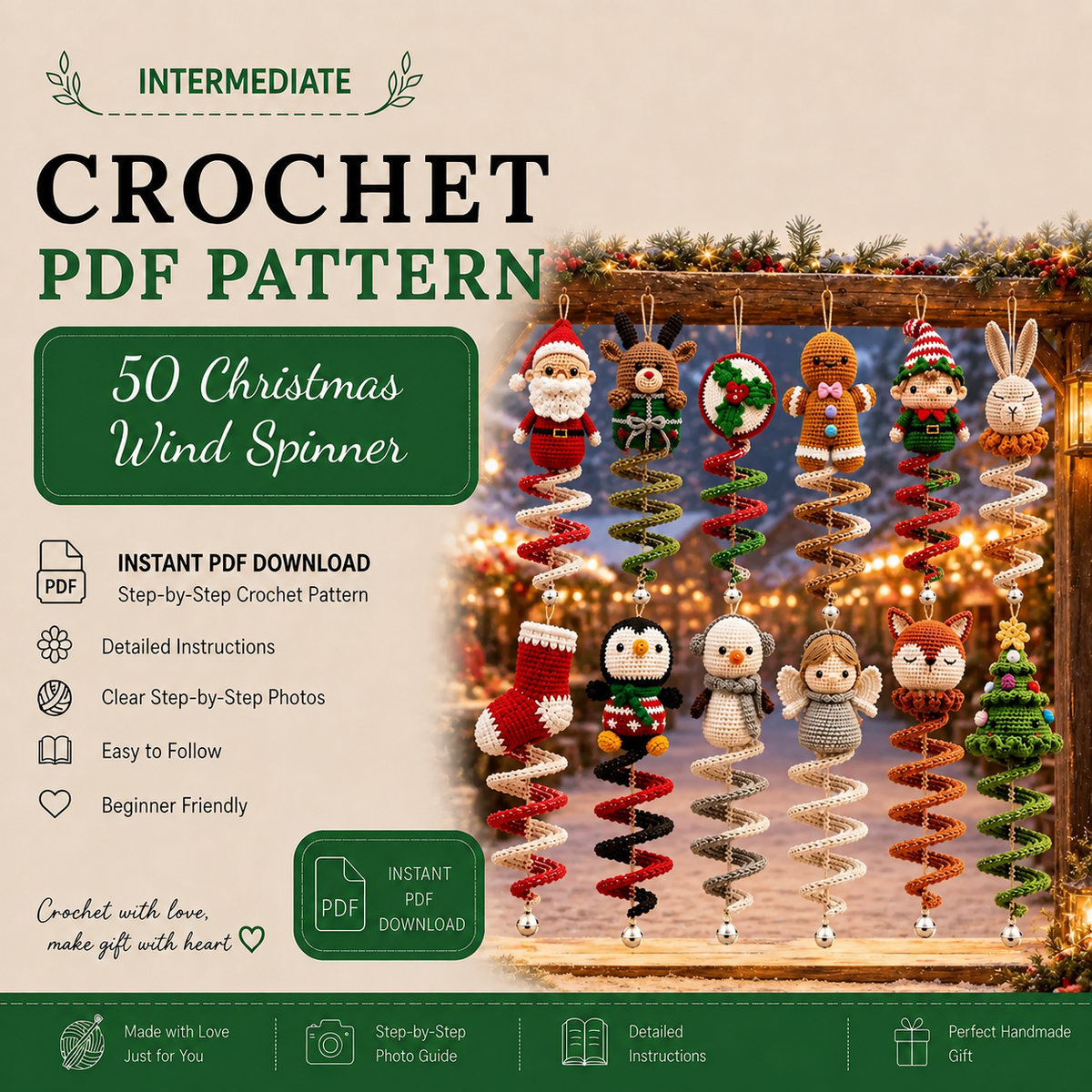 50-in-1 Christmas Wind Spinner Crochet Pattern Bundle PDF | Spiral Hanging Ornaments | Santa, Reindeer, Snowman & Holiday Decor