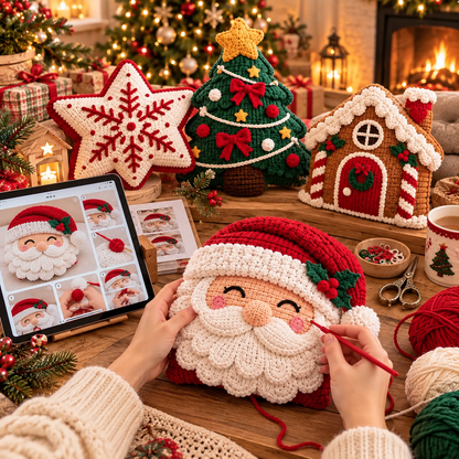 Christmas Crochet Pillow Pattern Bundle – Santa, Tree, Snowflake & Gingerbread House PDF