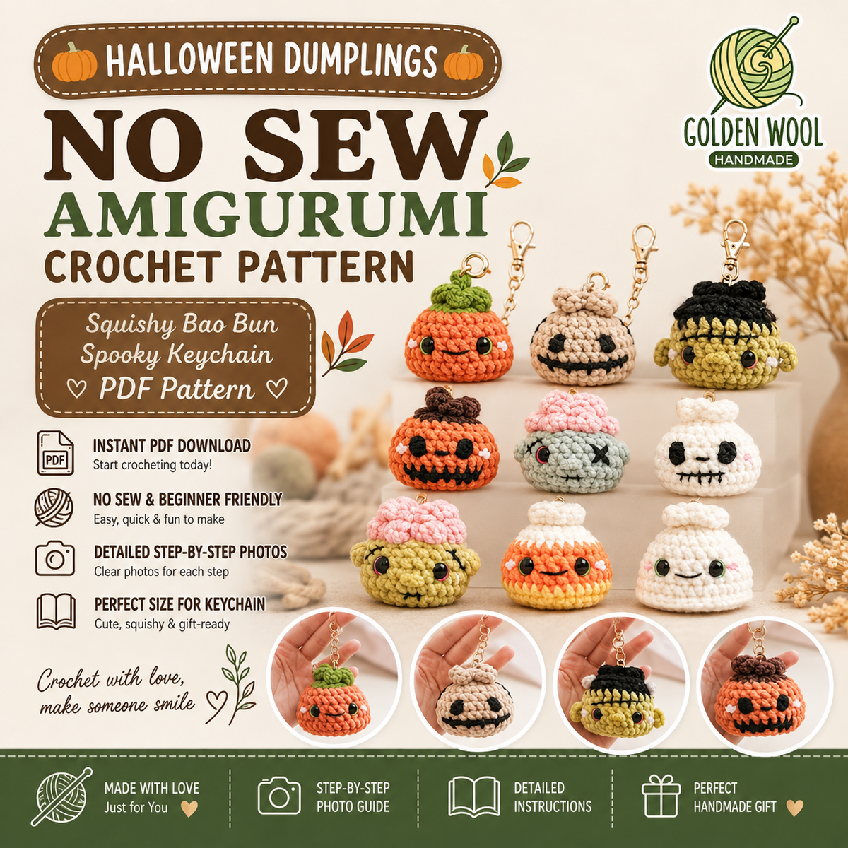 8-in-1 Halloween Dumpling & Steamer Crochet Pattern PDF – Cute No-Sew Mini Amigurumi | Zombie, Ghost, Pumpkin & More | Beginner PDF Pattern