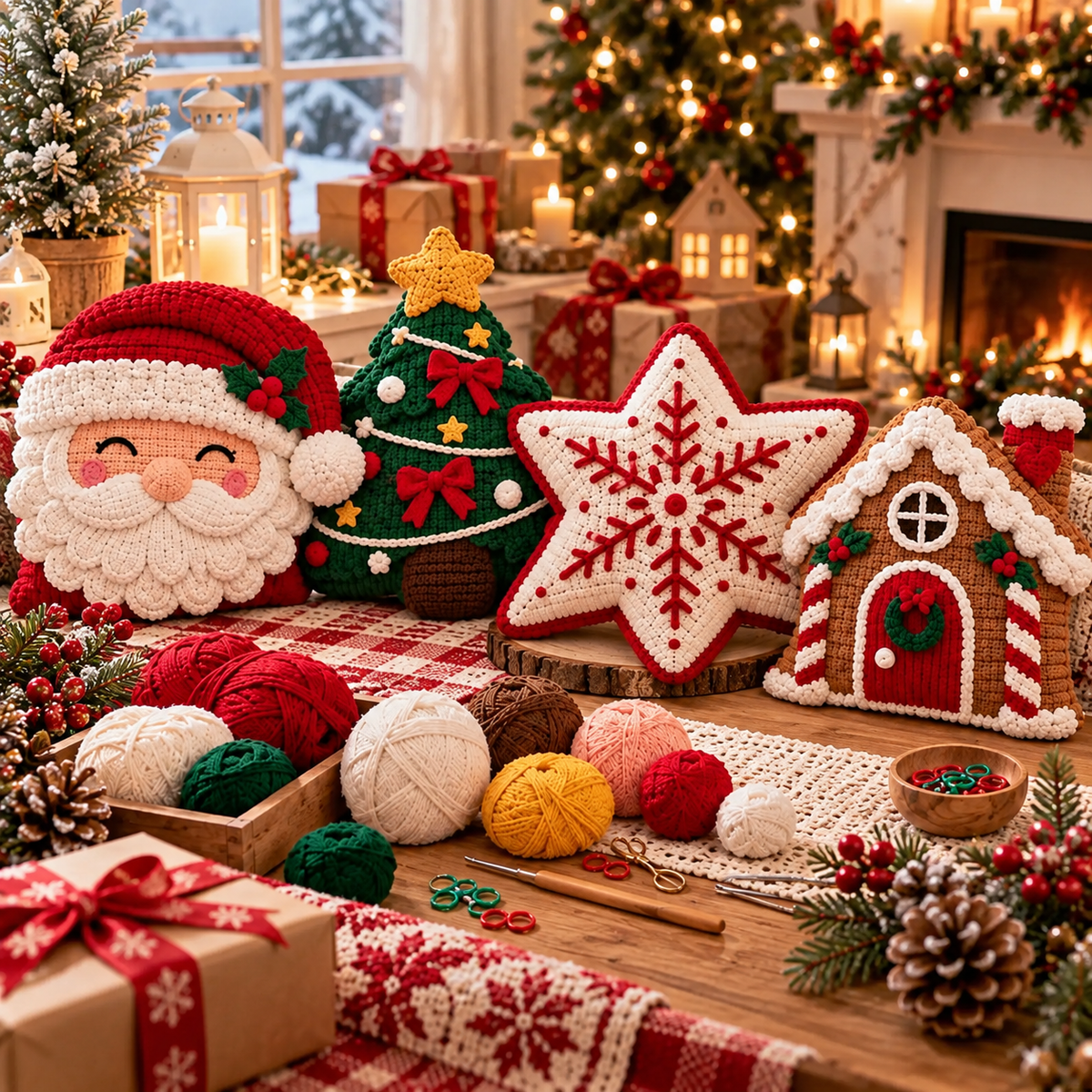 Christmas Crochet Pillow Pattern Bundle – Santa, Tree, Snowflake & Gingerbread House PDF