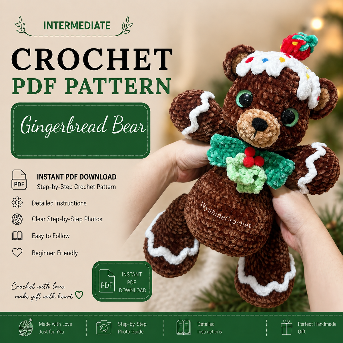Gingerbread Bear Crochet Pattern PDF | Christmas Bear Amigurumi Pattern | Holiday Plushie Crochet Pattern | Festive Handmade Gift | Instant Download