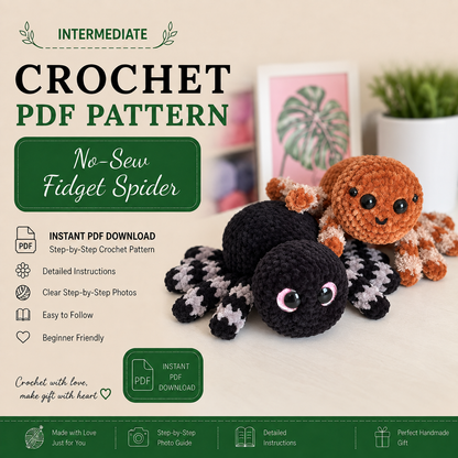 No-Sew Fidget Spider Crochet Pattern PDF | Weighted Amigurumi Spider with Snapping Legs | Cute Halloween Plush Pattern | Digital Download