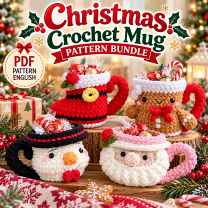 4 in 1 Christmas Crochet Mug Pattern Bundle – Santa, Gingerbread, Snowman & Boot PDF